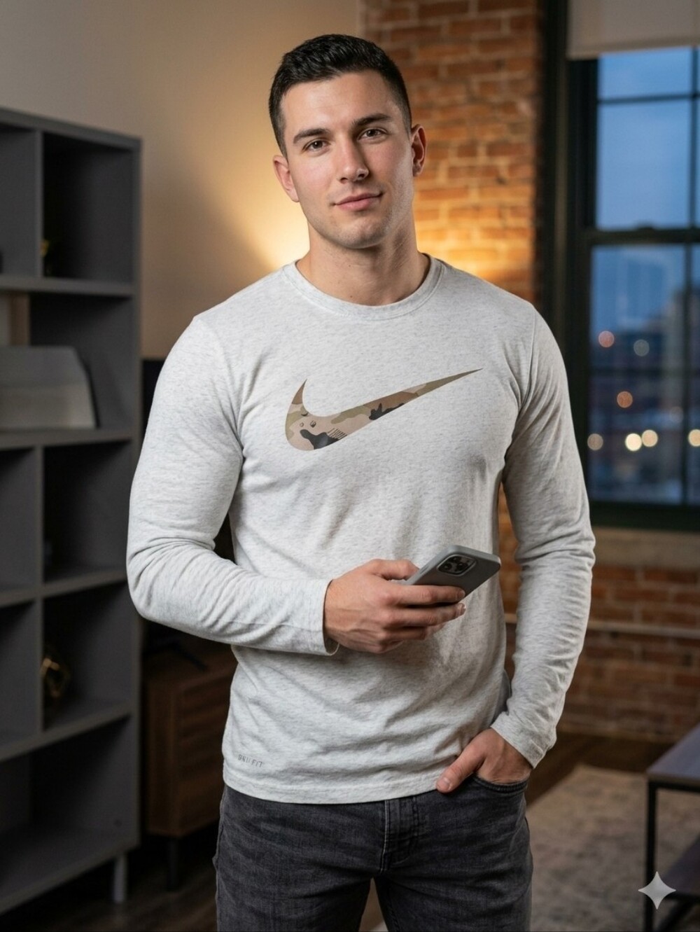 Nike Dri-FIT Men's Long Sleeve Shirt Heather Grey Camo Swoosh Size XL #003